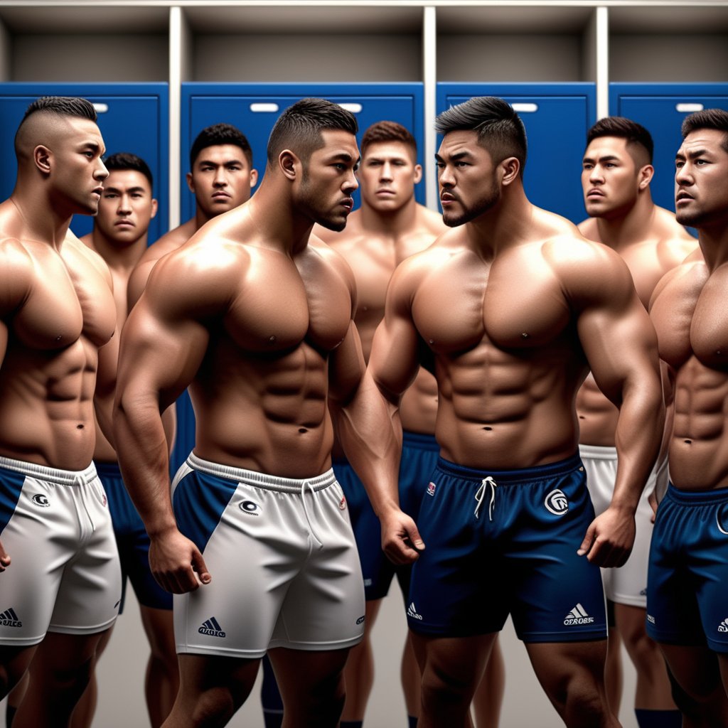 Pacific Islander rugby players in the locker room